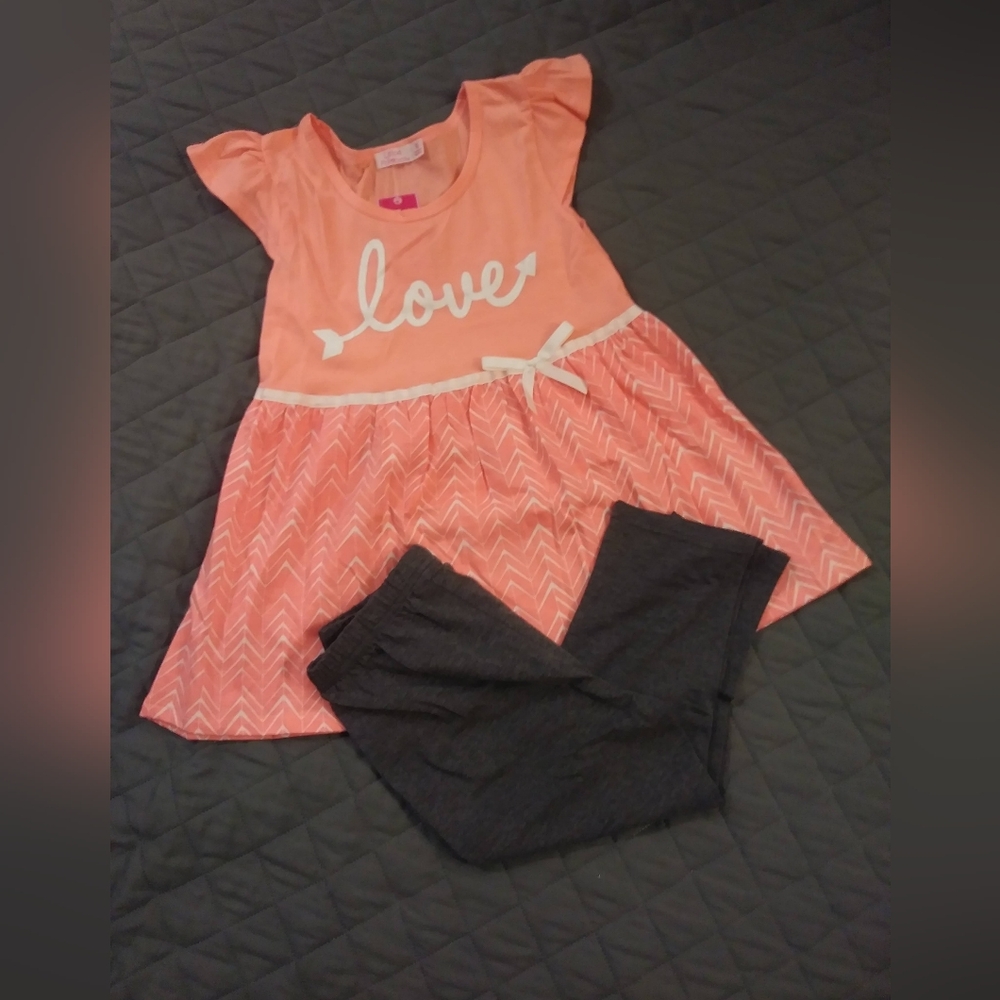 Neon Peach Love Top with Gray Capri Leggings